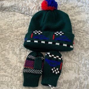 Kids Green and Red Winter Hat and Mittens Set
